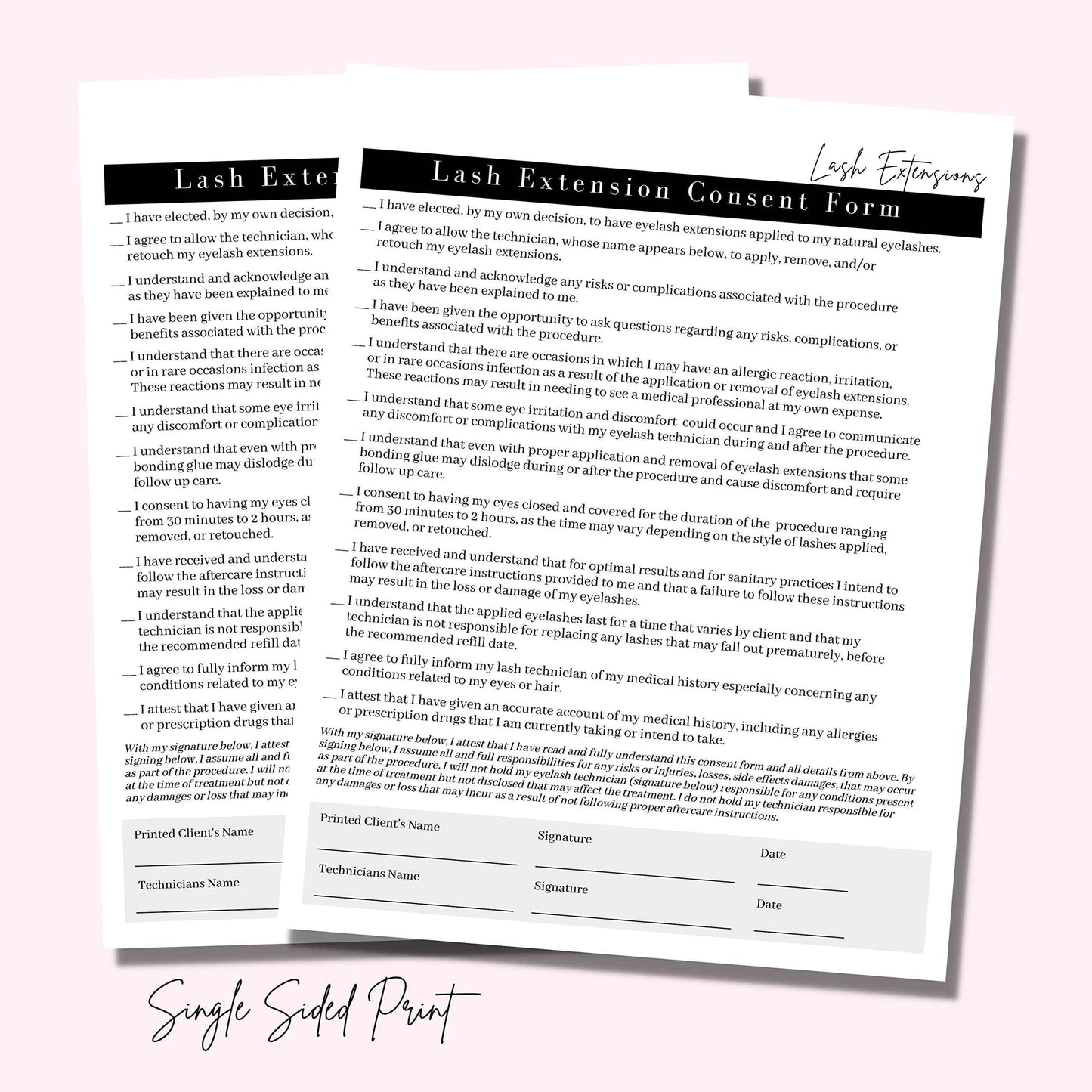 Lash Extension Consent, Intake, Aftercare Forms | 75 Pack | 8.5x11" Paper Size | Eyelash Extension Supplies