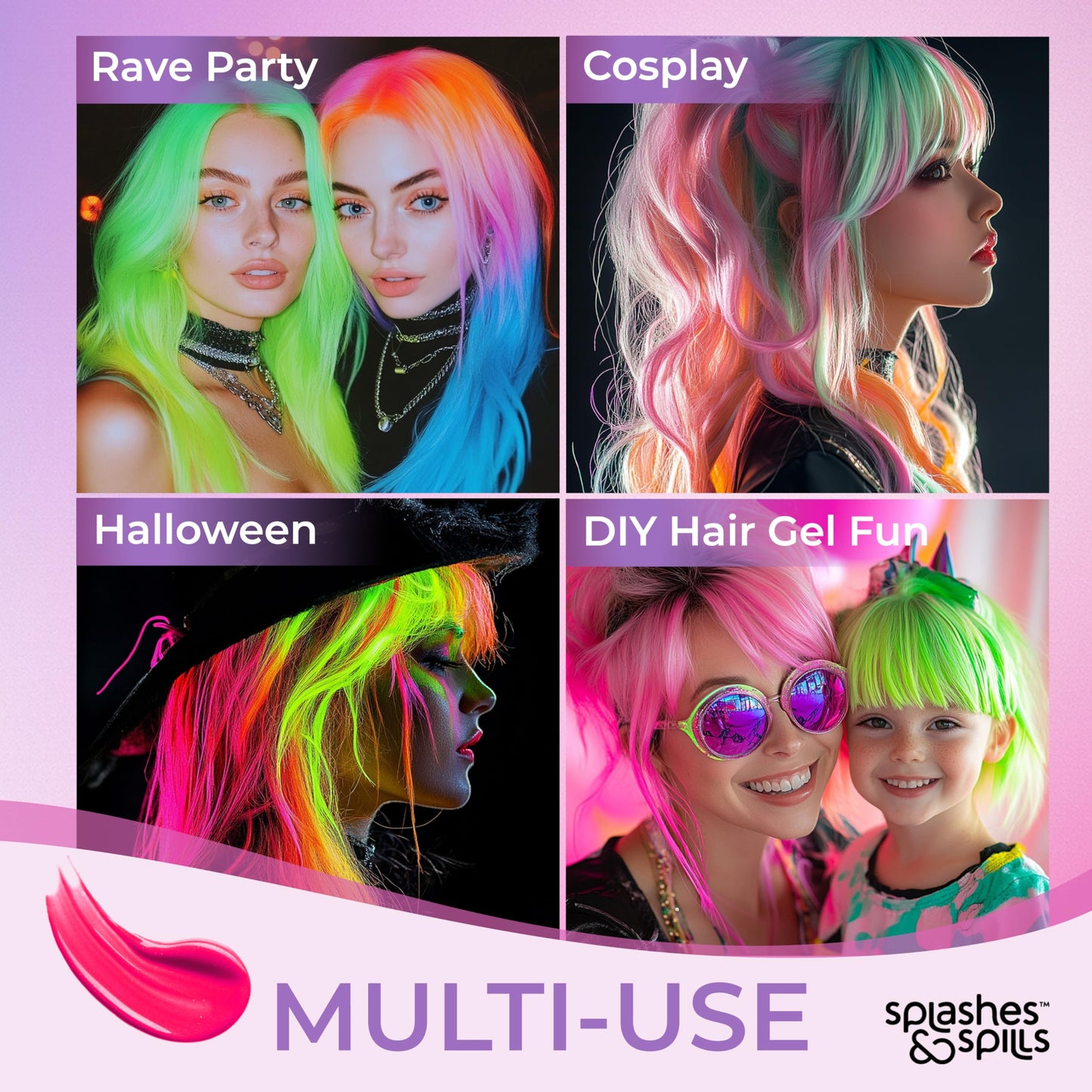 UV Neon Hair Gel Set - 6 Bright Non-Toxic Colors with Black Light Glow for Raves, Parties, Clubs, Halloween Costume - Non-Toxic Temporary Wash Out Color - by Splashes and Spills