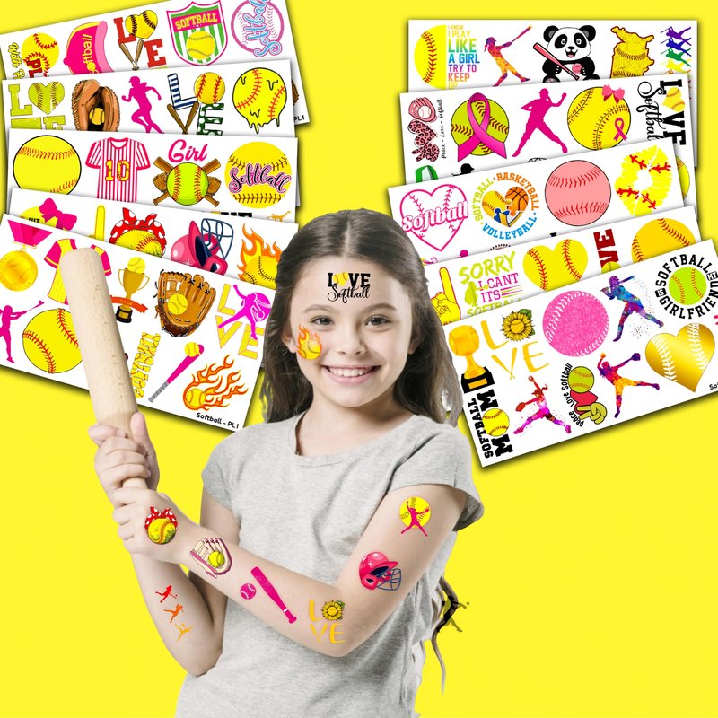 102 PCS Softball Temporary Tattoos Themed Birthday Party Decorations Favors Supplies Decor Girls Cute Baseball Sports Yellow Tattoo Stickers Gifts For Boys Girls Classroom School Prizes Carnival