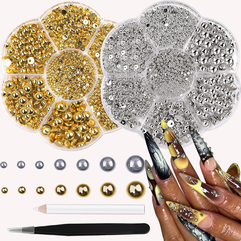 Nail Pearls - Gold & Silver Half Round Flatback Charms for Nail Art | Multi Size DIY Crafting Tools