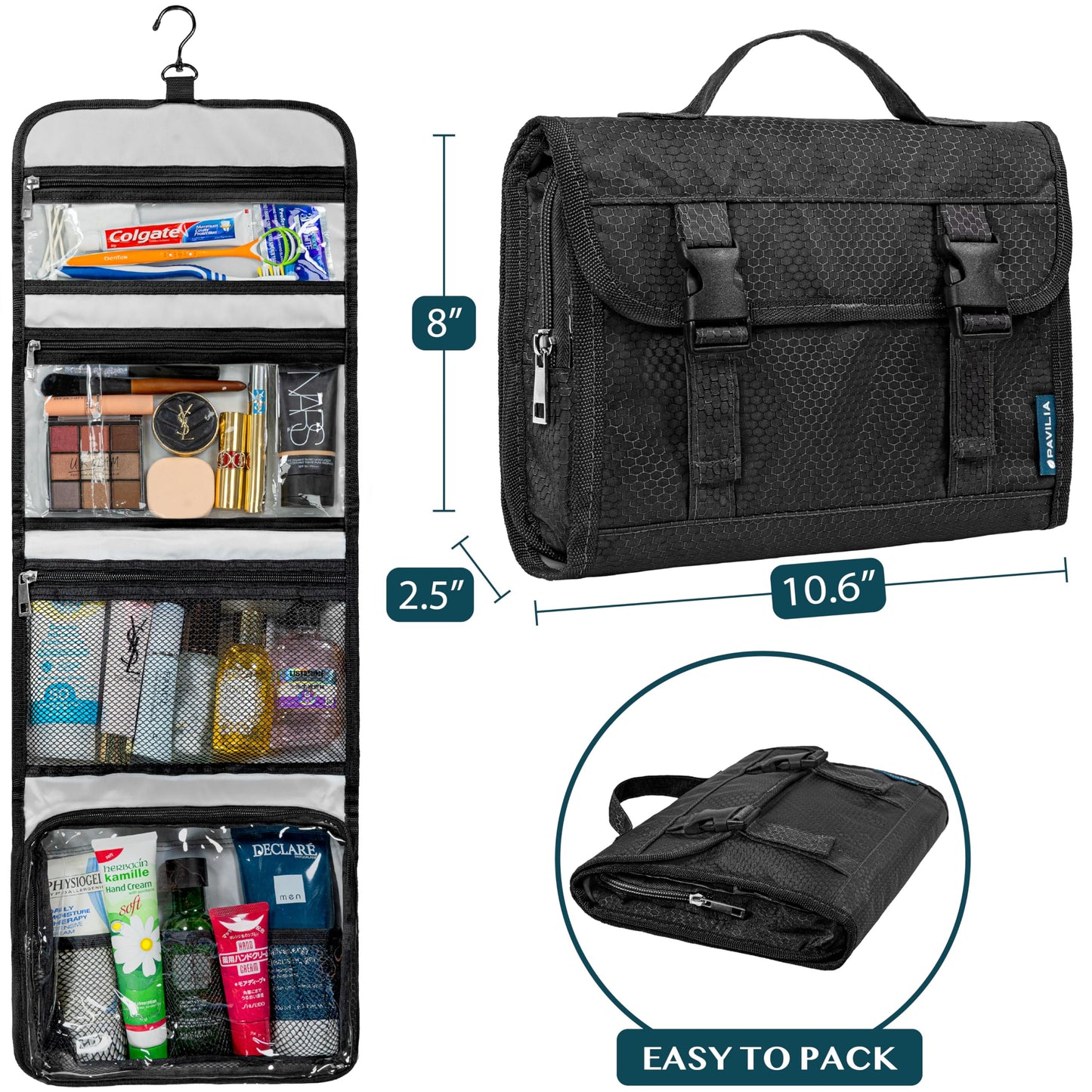 PAVILIA Travel Hanging Toiletry Bag for Women Men, Extra Large Capacity Makeup Bag Kit, Waterproof Cosmetic Storage Organizer Case for Bathroom Shower, Black