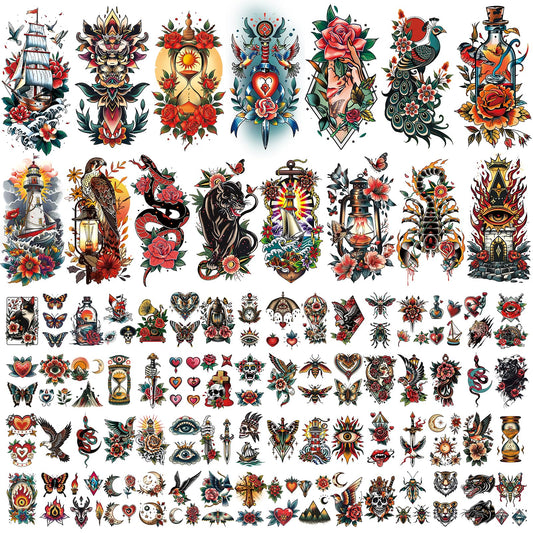 Cerlaza 79 Sheets Classic Temporary Tattoos for Adult Women Men, American Old School Fake Tattoos Sleeve, Realistic Traditional Colorful Flower Animal Half Arm/Tiny Christmas Tattoo Stickers