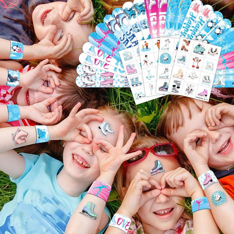 72PCS Ice Skating Party Set - 48PCS Temporary Tattoos & 24PCS Slap Bracelets - Fun Winter Sports-Themed Birthday Supplies, Baby Shower Gifts, Classroom Rewards & Party Decor for Kids (Boys & Girls)