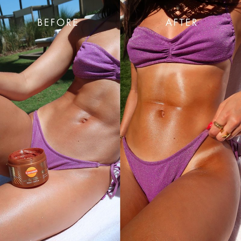 Carroten Gold Shimmer Tanning Gel | Browning Tan Accelerator | Non-Greasy, Water-Resistant with Carrot & Coconut Oil | Vitamin A & E For Moisture & Hydration | 5 Fl Oz + Spatula