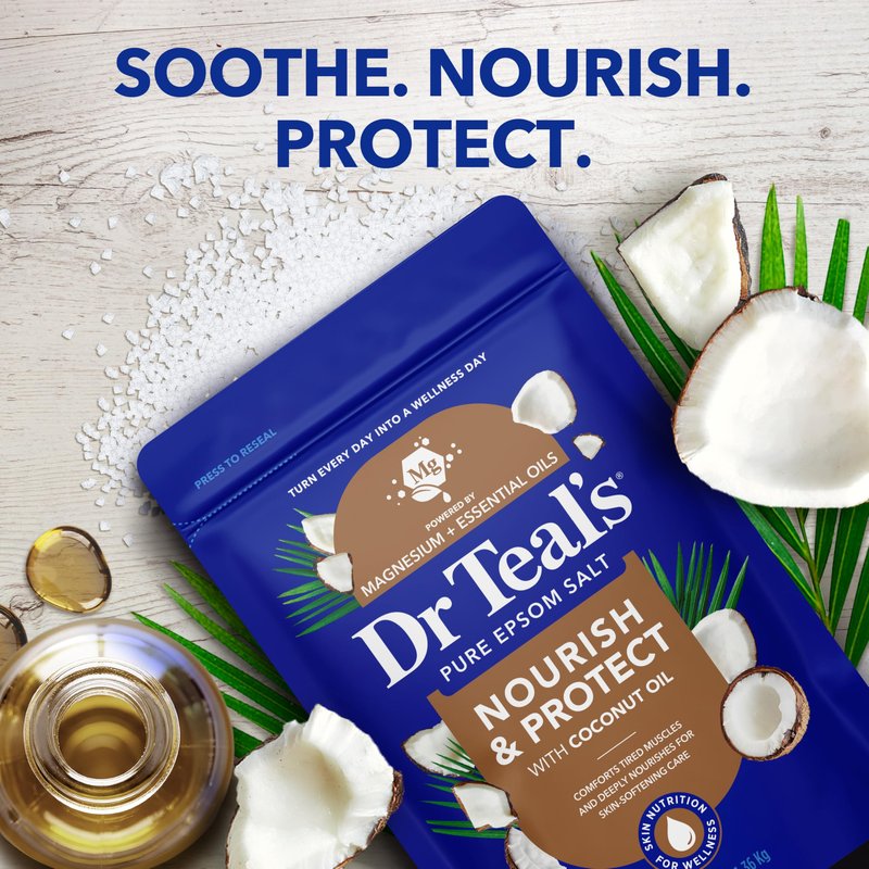 Dr Teal's Epsom Salt Magnesium Soak, Nourish & Protect with Coconut Oil, 3 lbs (Pack of 4)