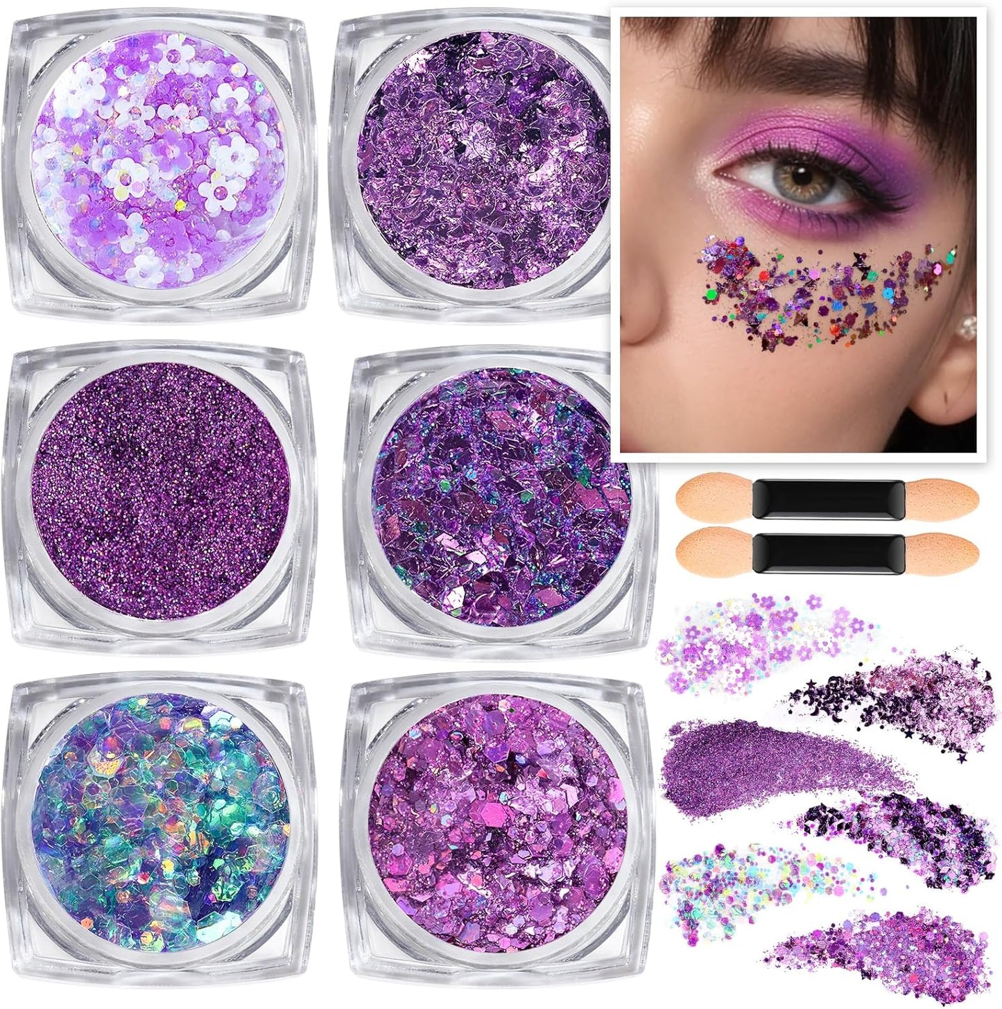 Teenitor Face Glitter Body Glitter, Clear White Body Glitter Gel, Hair Glitter Gel, 6 Shapes Rave Glitter, Mermaid Sequins Makeup Glitters Face Paint, Chunky Sparkling Glitter Gel for Women