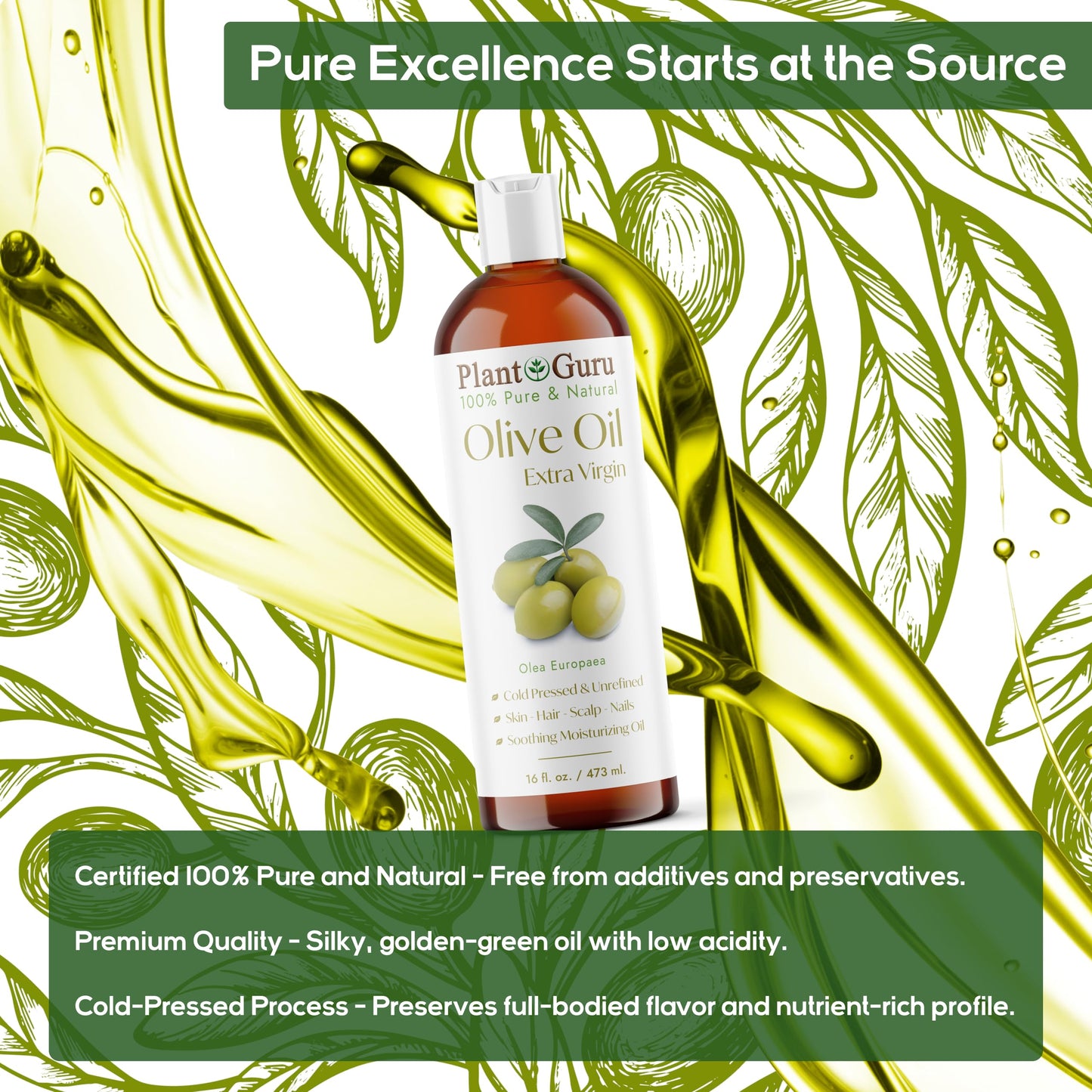 Olive Oil Extra Virgin 32 fl. oz. 100% Pure & Natural Unrefined Carrier Oil - Cold Pressed – Nourishing for Skin and Hair Care – Rich Flavor for Cooking and Beauty Routine