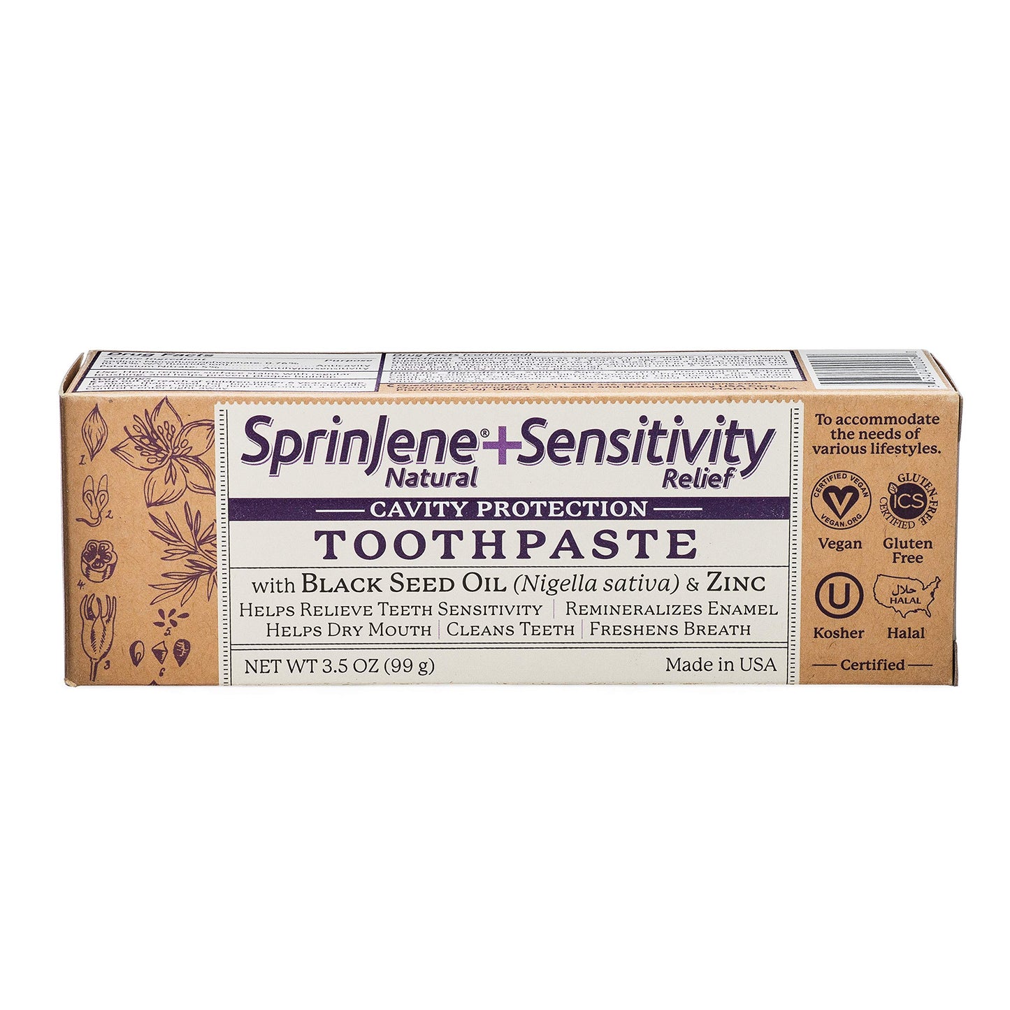 SprinJene Natural Sensitivity Relief Toothpaste – Fluoride Toothpaste for Sensitive Teeth & Cavity Protection – SLS Free with Patented Black Seed Oil & Zinc – Made in the USA (4 Pack)