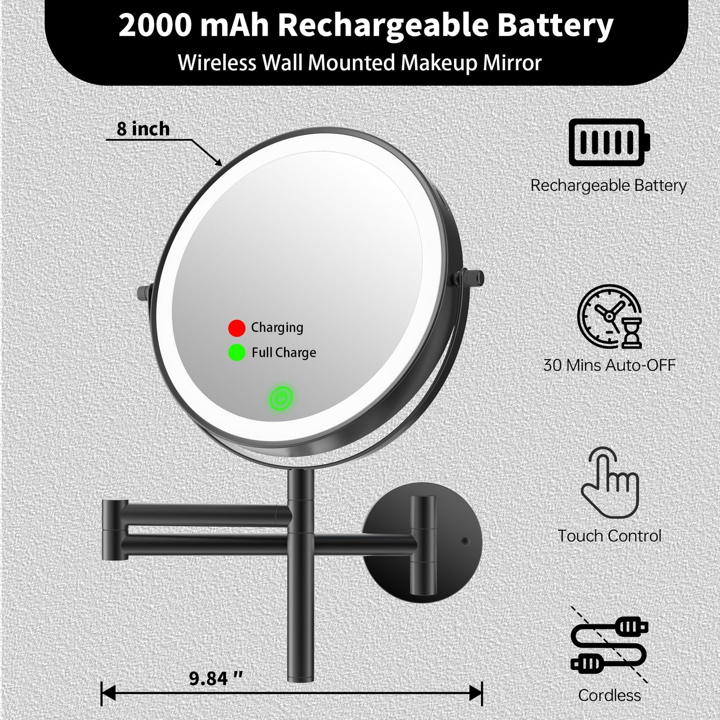 LANSI Wall Mount Makeup Mirror with Lights and 1X/10X Magnification, Black