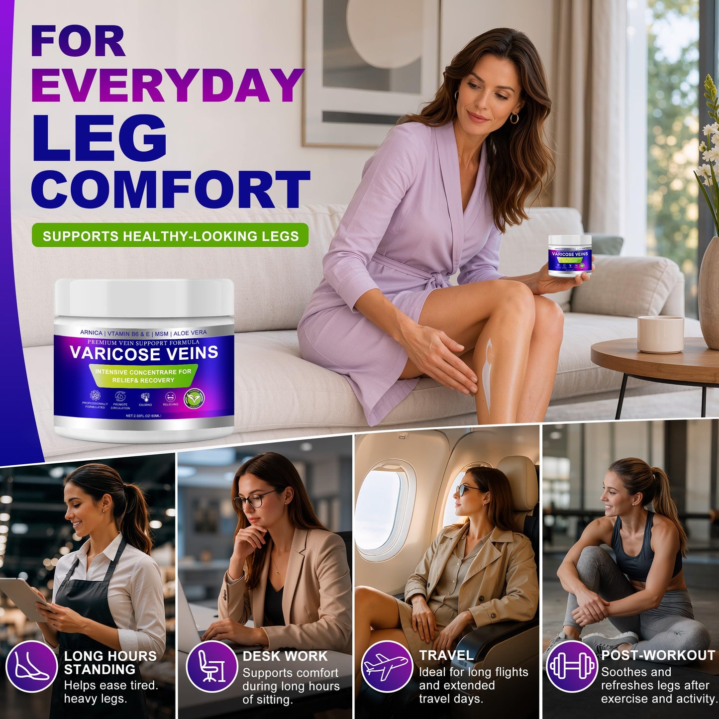 Varicose Veins Cream for Legs, Vein Cream for Spider Veins Appearance, Arnica Leg Cream with Aloe Vera, Non-Sticky Moisturizer for Tired Heavy Legs, Refreshing Daily Leg Care, （3 Pack, Blue)