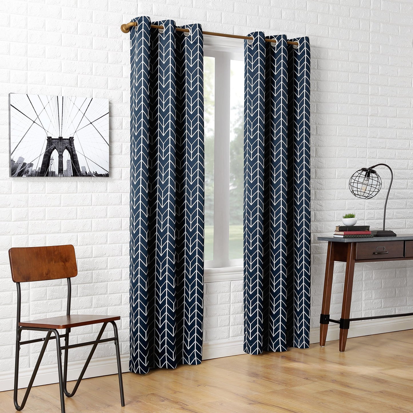 Sun Zero Kenwood Chevron Blackout Grommet Curtain Panel, 40" x 95", Navy Blue
