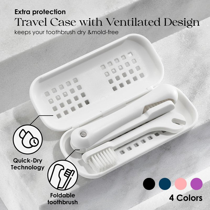 Minibox Folding Travel Toothbrush with Dual-Length Bristles & Case, Compact Mini Design for Business Trips, Camping, and Outdoor Activities, 2 Pack with 2 Extra Replaceable Brush Heads, Black & Pink