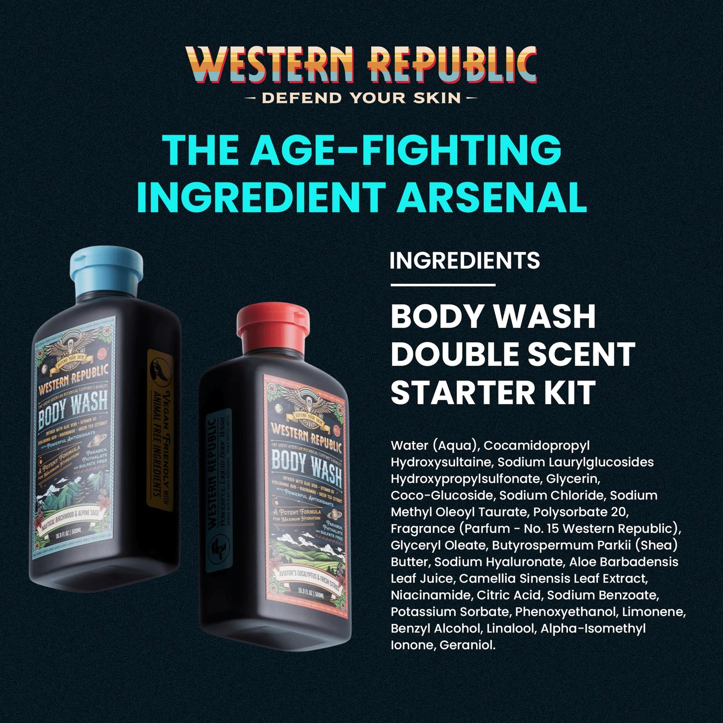 Western Republic - Aviator’s Eucalyptus & Fresh Citrus & Nautical Birchwood & Alpine Sage Body Wash Shower Gel - Hydrating Cleanser - 500ml 2 Pack