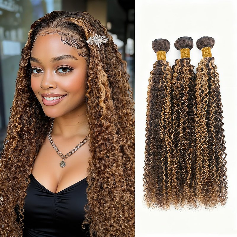 Wahairse Human Hair Bundles Jerry Curly P4/30 Color Human Hair Unprocessed Brazilian Virgin 3 Bundles Quick Weave Human Hair Extensions 300g (P4/30 Jerry Curly,12 14 16)