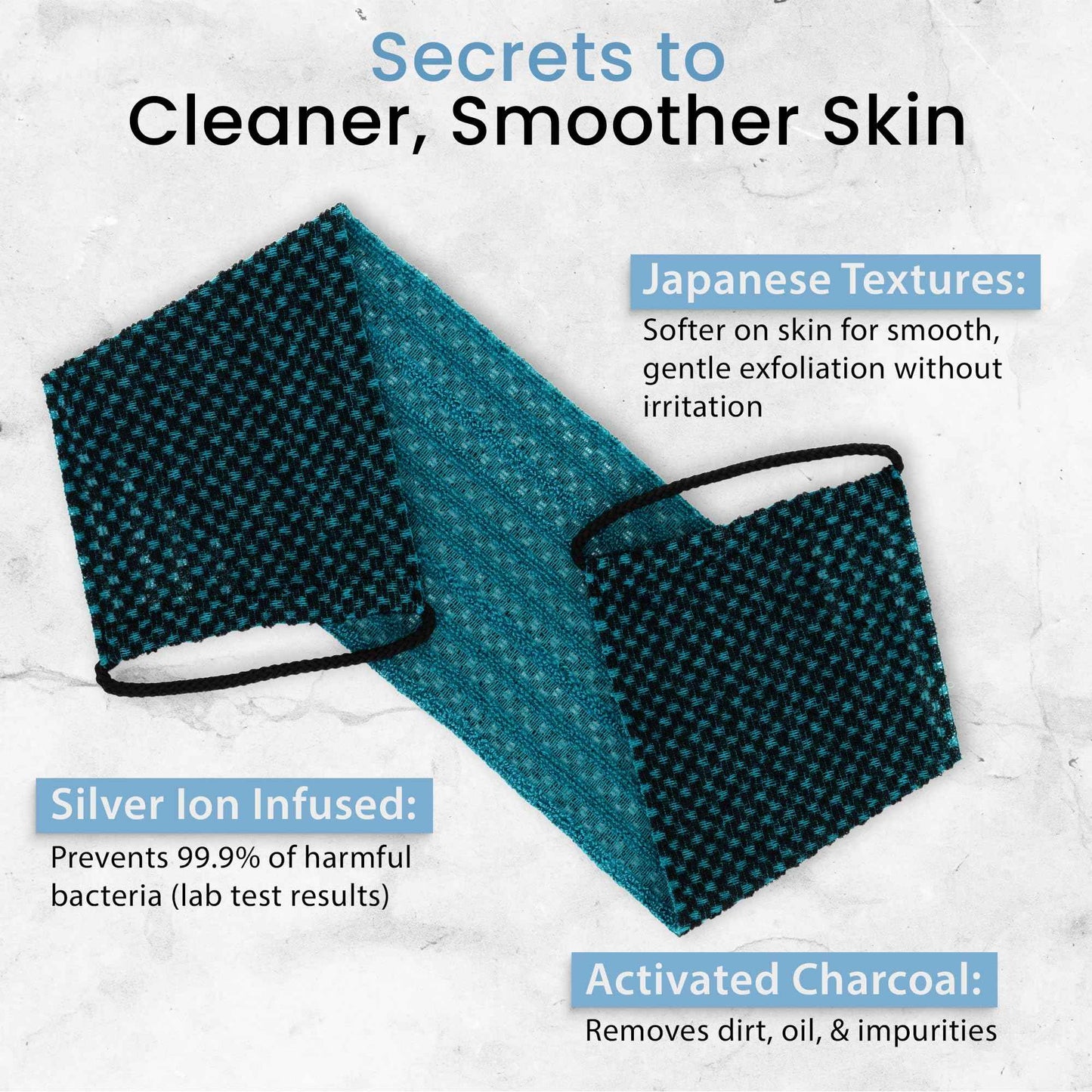 Japanese Exfoliating Washcloth for Back & Body - Charcoal & Silver Ion Exfoliating Towel with Handles - Two-Sided Gentle Exfoliation & Deep Cleansing Soft Body Wash Cloths for Shower - Green