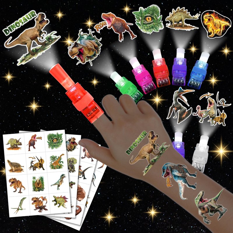 72 PCS Dinosaur Party Favors – 48 PCS Tattoos & 24 PCS LED Finger Lights Combo–Birthday Goodie Bag Fillers, Party Supplies, Gifts Light Up Toys Glow In The Dark for Boys and Girls (Dinosaur 3D)