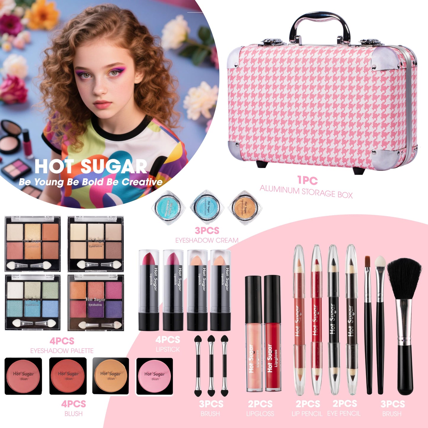 Hot Sugar All-in-One Makeup Kit for Adults and Girls (Pink Houndstooth)
