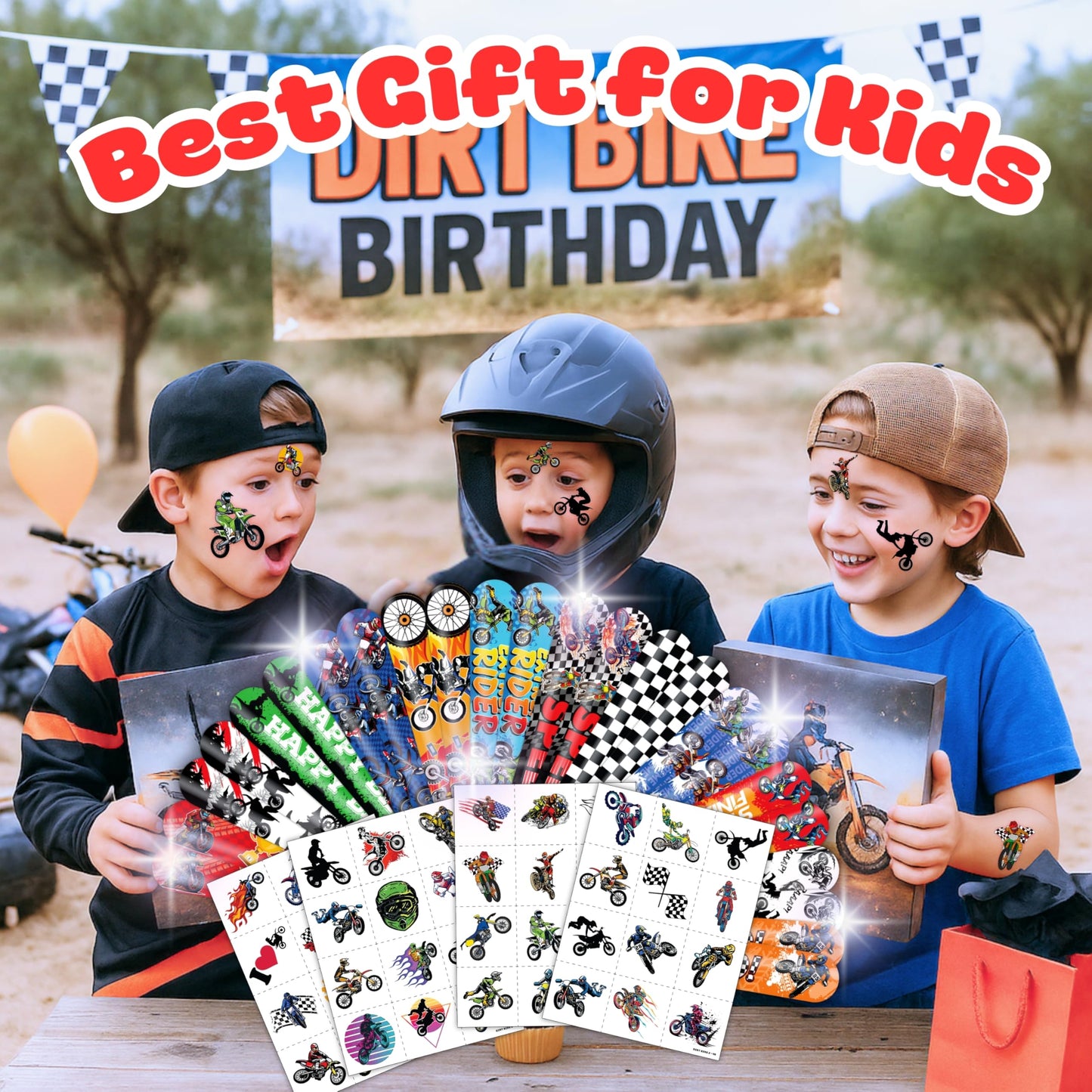 72 PCS Dirt Bike Party Favors - 48 Temporary Pre-Cut Tattoos & 24 Slap Bracelets - Fun Party Favors for Boys & Girls, Birthday Goodie Bag Fillers, Baby Shower Gifts, Classroom Rewards