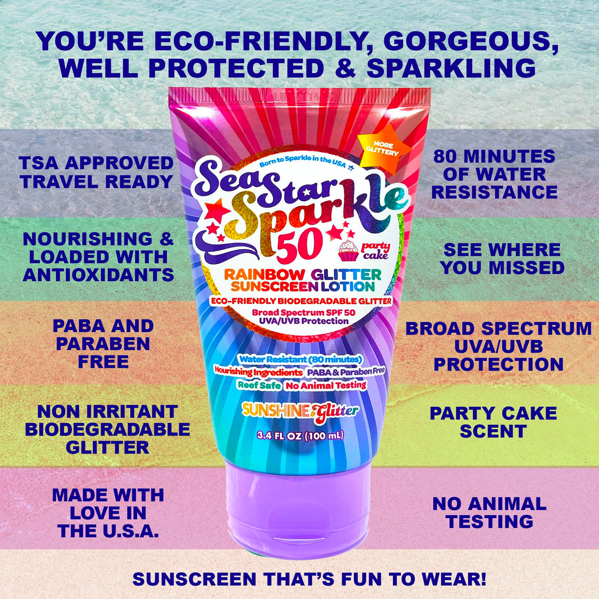 Sea Star Sparkle | Party Cake | Biodegradable Glitter Sunscreen SPF 50 for Kids | Rainbow | Broad Spectrum UVA/UVB | Water Resistant | Beach & Pool FUN SPF | Made in USA | Sunshine & Glitter