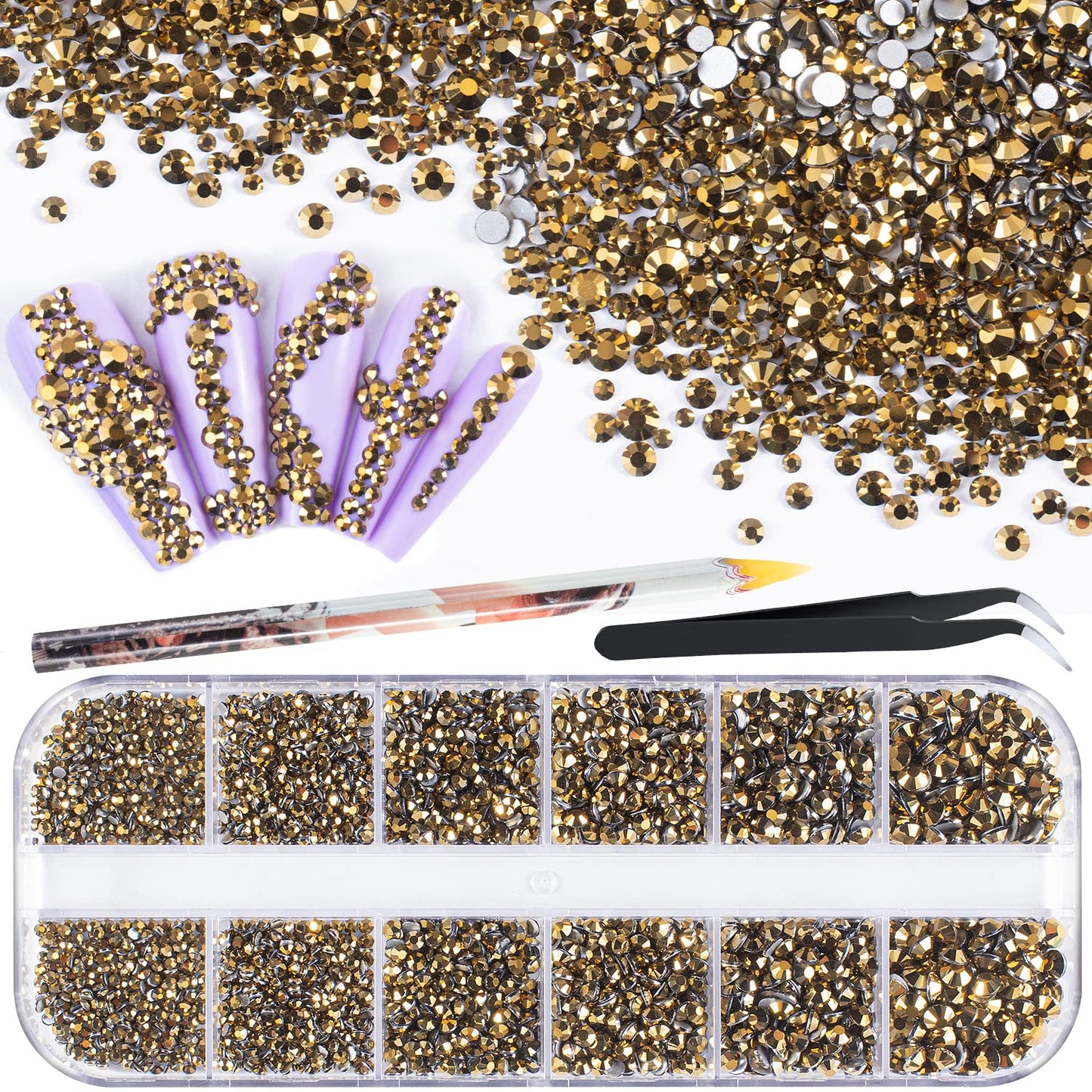 3220Pcs Champagne Gold Nail Rhinestones 120Pcs Multi Shapes Flatback Gems Charms Crystal+3100Pcs 1.5-4mm Round Beads, Glass Diamond Gemstones for Bedazzling Acrylic Nails Decoration