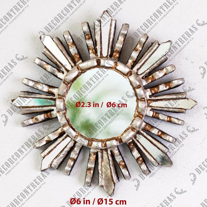 Sunburst Wall Mirror - Hand-Carved Peruvian Wood Round Decorative Accent | 6" Silver