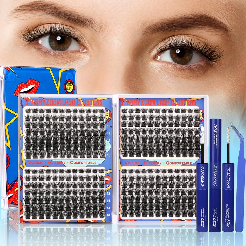 Starryzoom Lashes Clusters Kit Natural Volume Wispy Cluster Eyelash Extensions 336Pcs D-Curl DIY Individual False Eyelashes 8-16MM Mixed with Bond Seal Tweezers