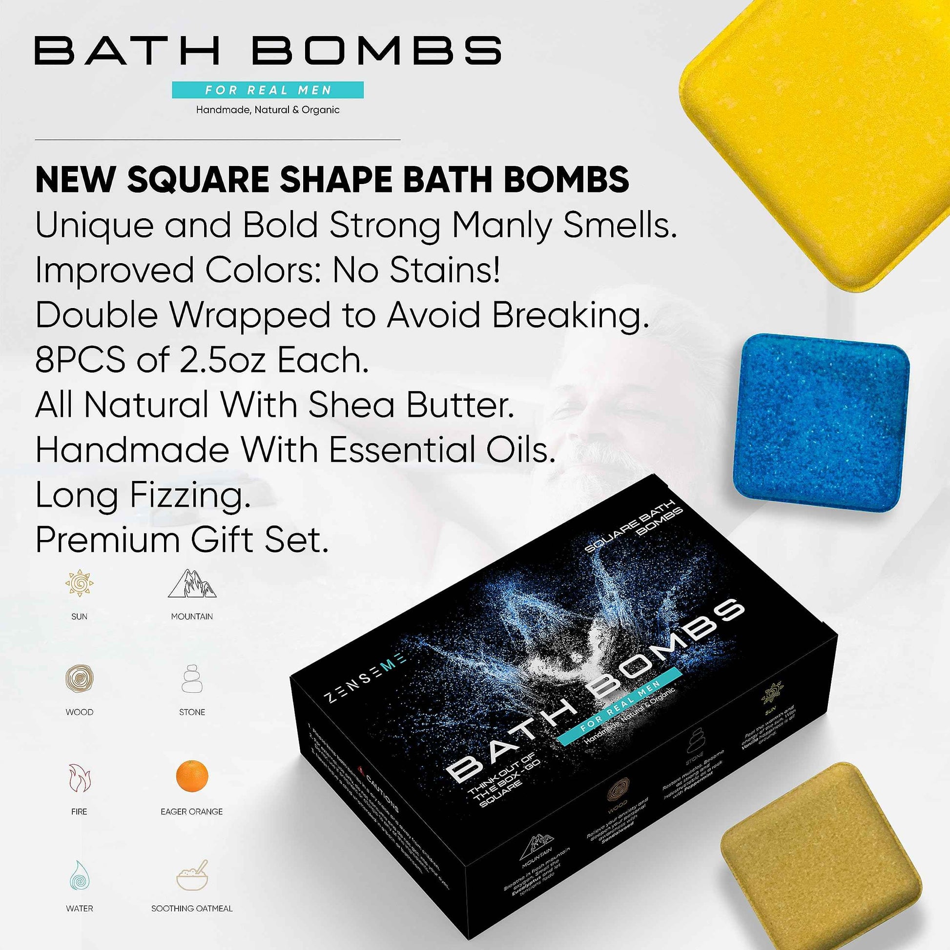 Bath Bombs for Men - Gift Set of 8 Scented Organic Handmade Natural Bath Bombs of 2.5 oz w/Natural Essential Oils, Unique Extra Strength Manly Scents, for Boyfriend, Husband, Father - Square Shape