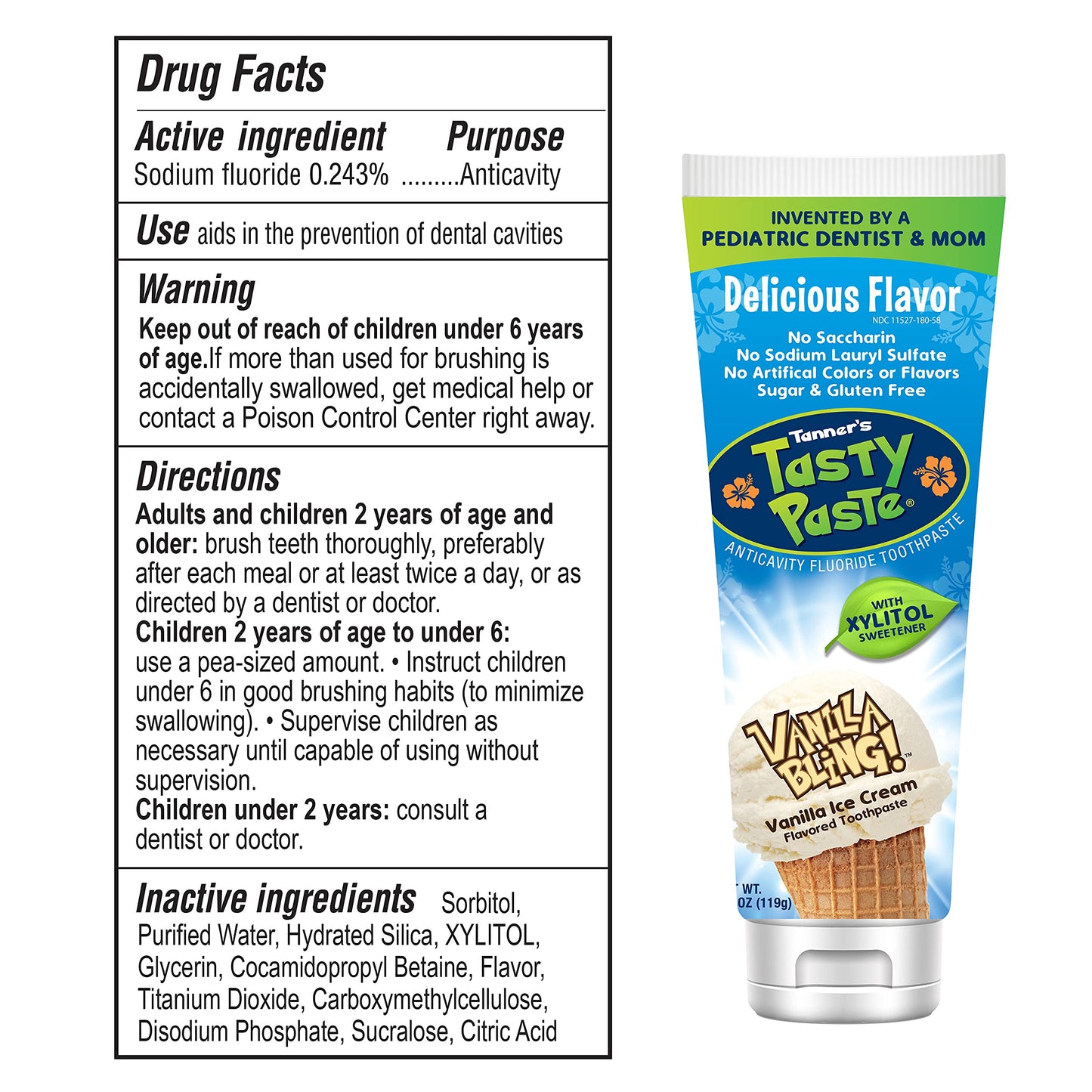 Tanner's Tasty Paste Vanilla Bling - Anticavity Fluoride Children’s Toothpaste/Great Tasting, Safe, and Effective Vanilla Flavored Toothpaste for Kids (4.2 oz.)
