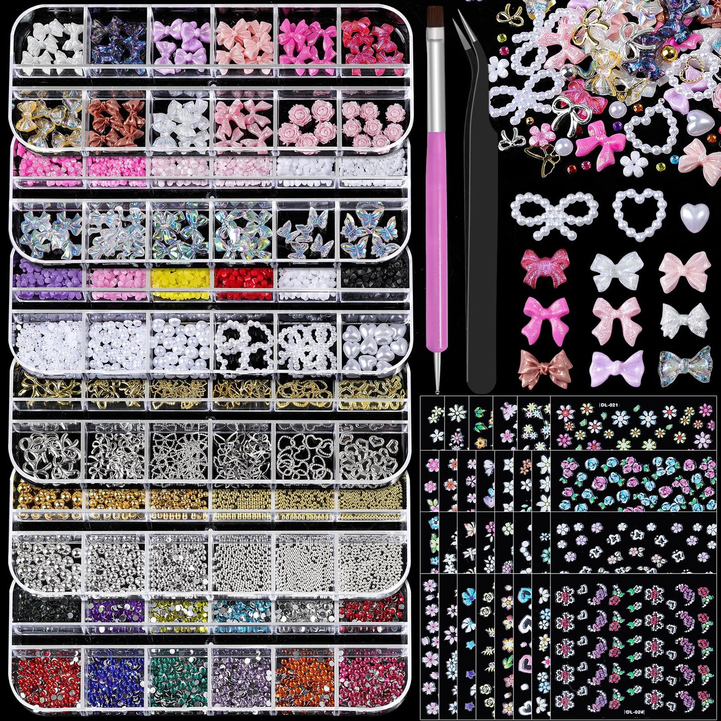 Nail Charms and Gems, Nail Art Kit with 30 Sheets Flower Nail Stickers, 6 Boxes 3D Nail Charms Colorful Clear Flatback Rhinestones Pearls, Diamonds,Picker Tools,Beads Pearls for Nails Art