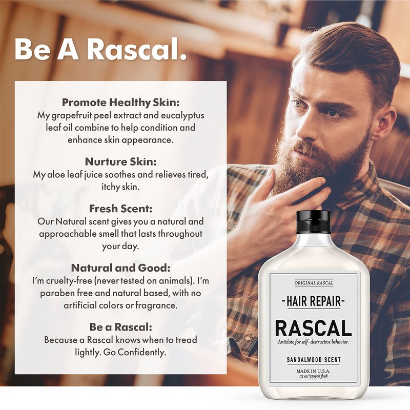 Rascal Hair Repair for Men - Premium Natural Conditioner for Men's Hair, Repairs Dry and Damaged Hair, Smoothing and Moisturizing Conditioner for Frizz Control, Natural Sandalwood Scent - 12 Fl Oz