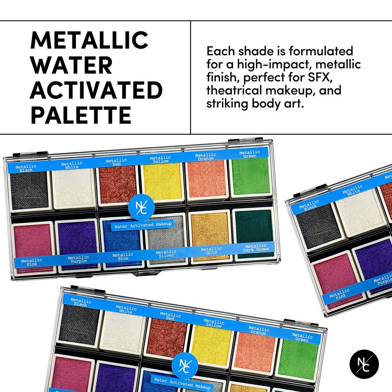 Narrative Cosmetics Metallic 12-Color Palette - Luxurious Water-Activated Makeup for Face & Body - Shimmering Shades for SFX, Cosplay, Theater, Film & TV Makeup Artists