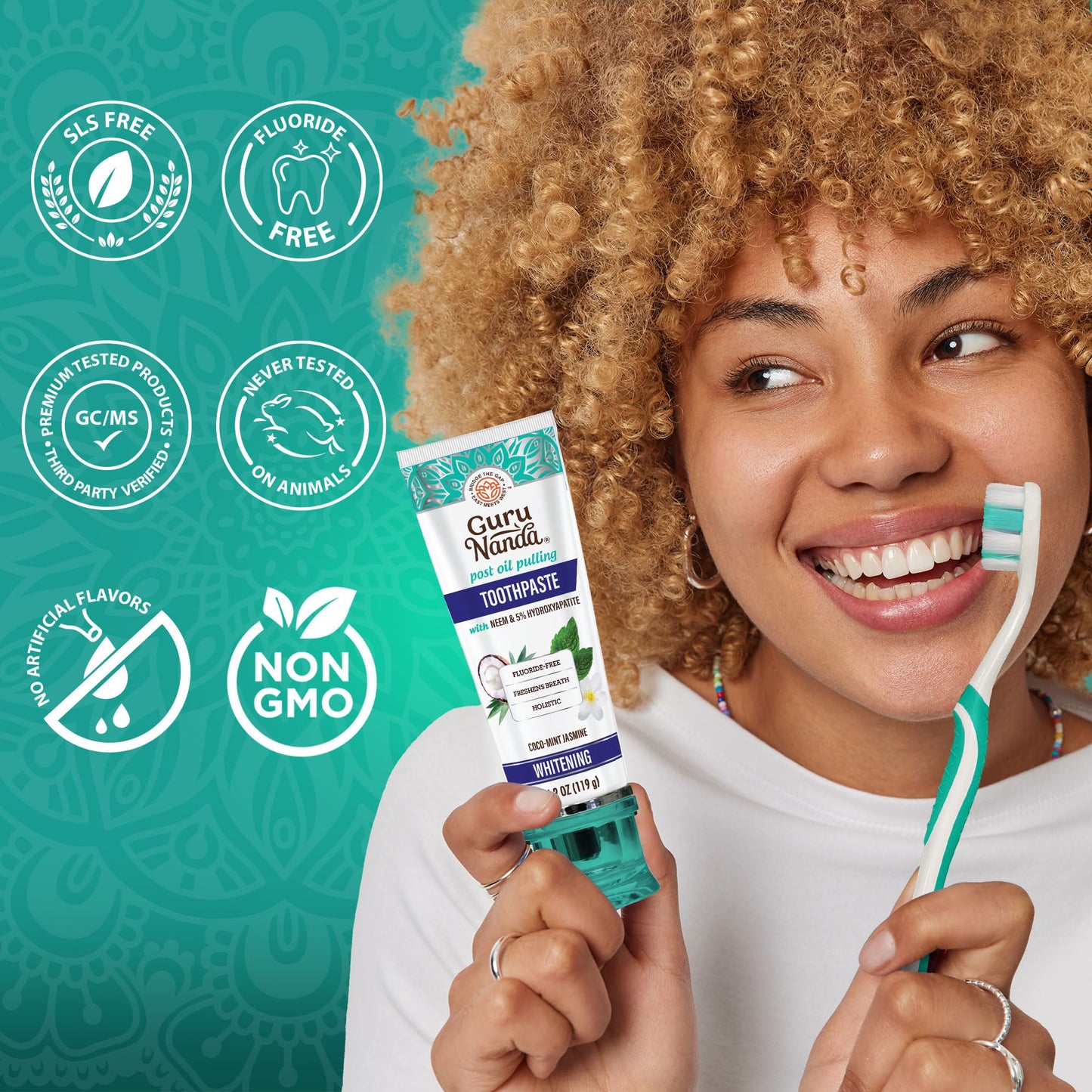 GuruNanda Hydroxyapatite Toothpaste for Whitening with Neem & Xylitol, SLS & Fluoride Free Formula with Tongue Scraper & Squeezer - Freshens Breath, Fights Plaque - Natural CocoMint Jasmine, 4.2oz