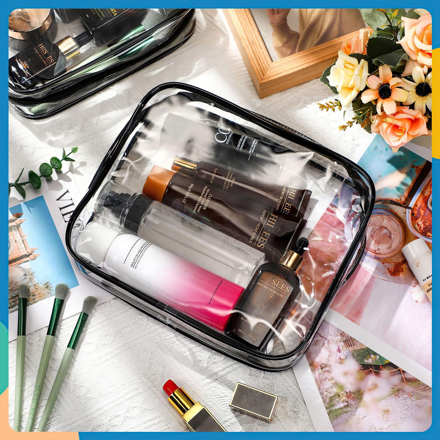 YOQIVEXU 12 Pieces Clear Makeup Bags, TSA Approved Toiletry Bag for Travel, PVC Transparent Cosmetic Pouch with Zipper, Waterproof Vinyl Plastic Organizer Case for Vacation Bathroom (Medium)