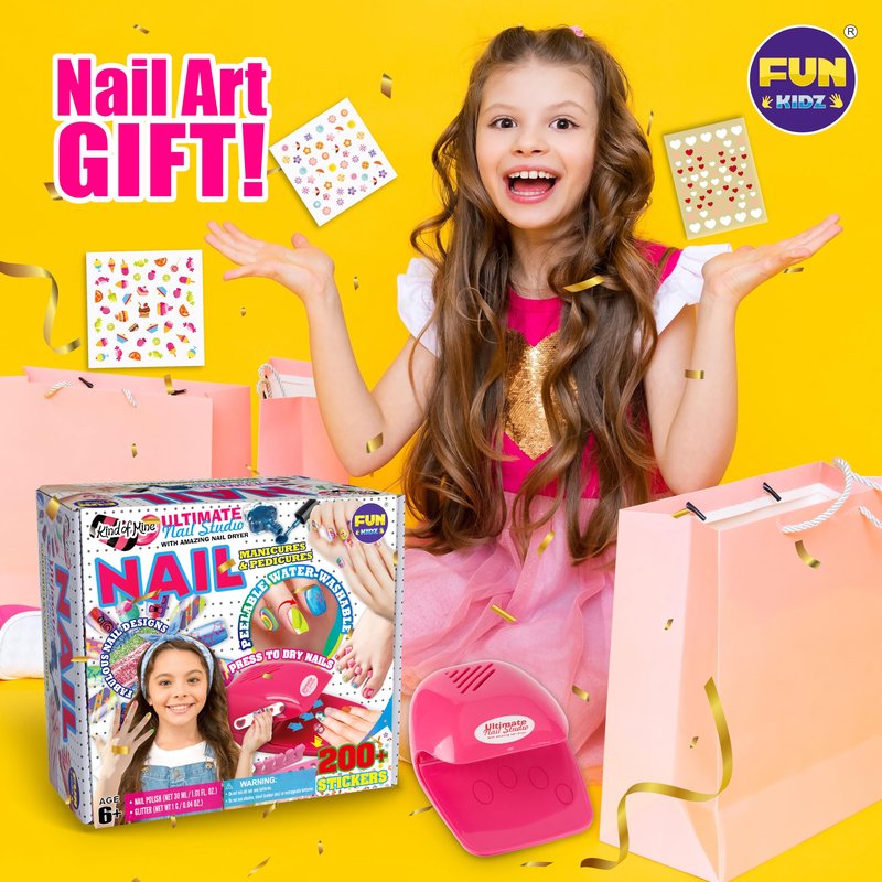 Kid Nail Art Kit for Girls, FunKidz Nail Studio Kits Size 17.91Wx12.4L with Peelable Nail Polish Nail Dryer Teens Makeup Mani Pedi Set Spa Party Gift