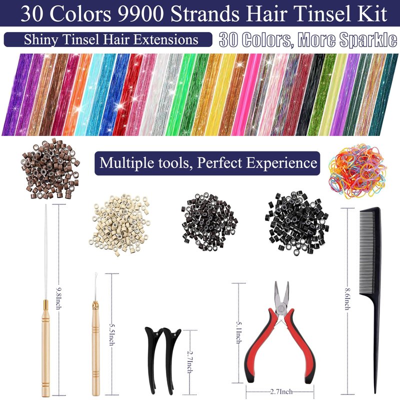 CHENZI 30 Colors 9900 Strands Hair Tinsel Kit, 48 Inch Glitter Tinsel Hair Extensions for July Fourth Christmas New Year Halloween Cosplay, Heat Resistant Fairy Hair Accessories for Girls, Kids, Women
