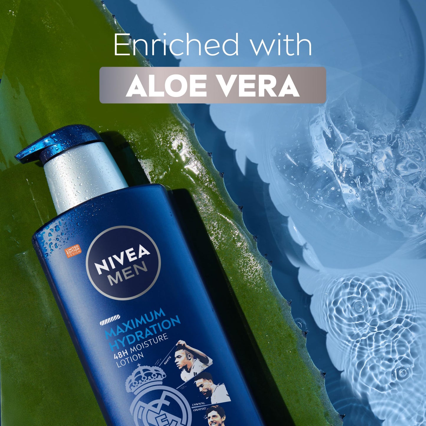 NIVEA MEN Real Madrid Limited Edition Design Maximum Hydration 48-Hour Moisture Body Lotion for Dry Skin, Aloe Vera Lotion for Men, 3-in-1 Body, Face and Hands, 16.9 Fl Oz Bottle