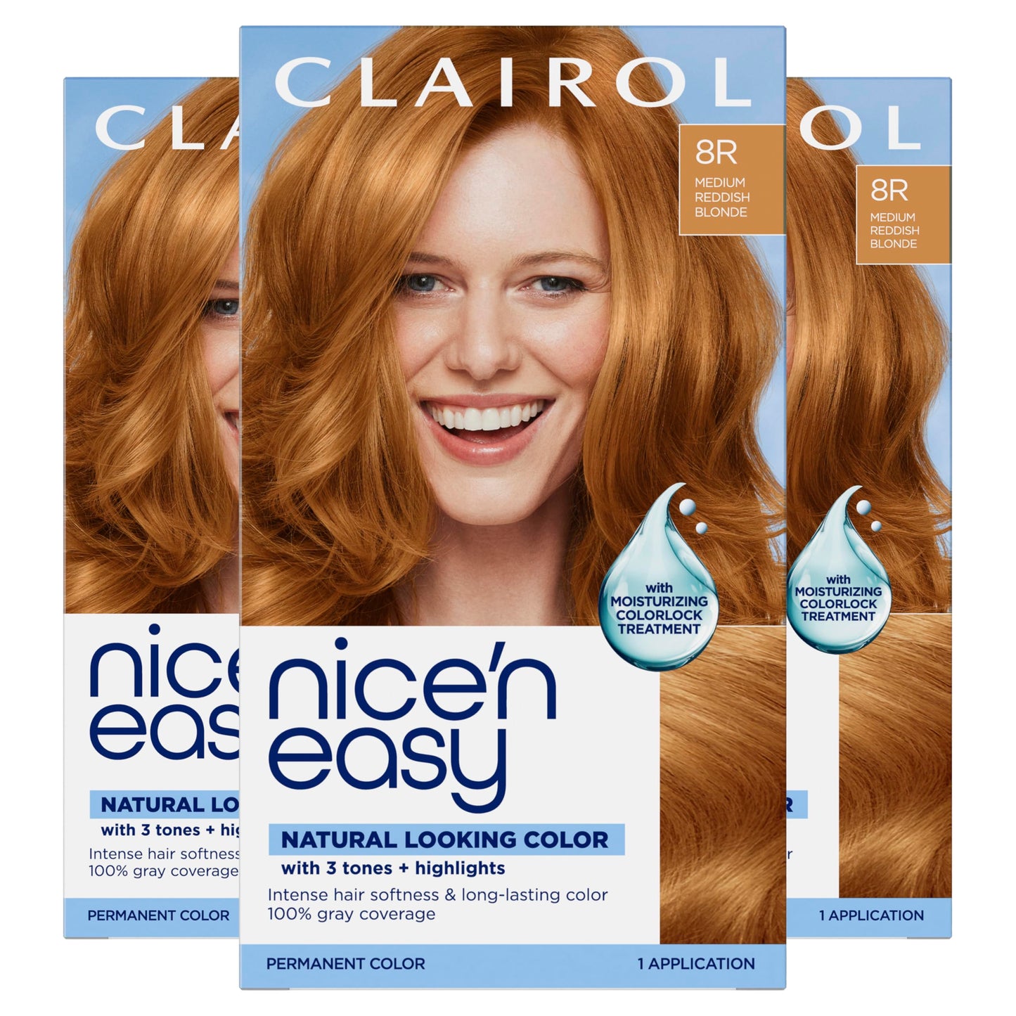 Clairol Nice'n Easy Permanent Hair Dye, 8R Medium Reddish Blonde | 100% Gray Coverage | Long‑Lasting, Natural‑Looking Color & Shine | Pack of 3