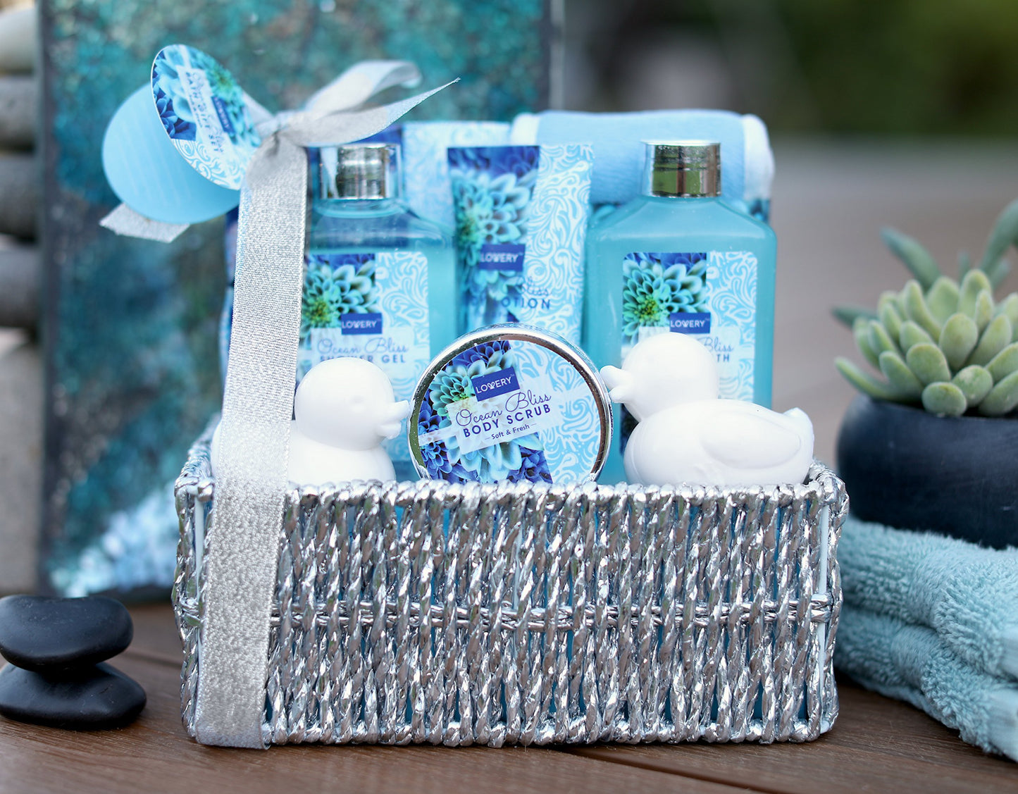Home Spa Gift Basket in Heavenly Ocean Bliss Scent - 9pc Bath & Body Set - Shower Gel, Bubble Bath, Bath Salt, Body Lotion & more, Wedding, Anniversary, Birthday, Graduation Gift for Women