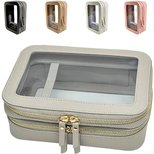 JAZD Clear Makeup Bags, Cosmetic Toiletry Organizer for Women, Travel Make up Toiletries, Small Transparent Pouch, TSA Approved Train Case (BLACK)
