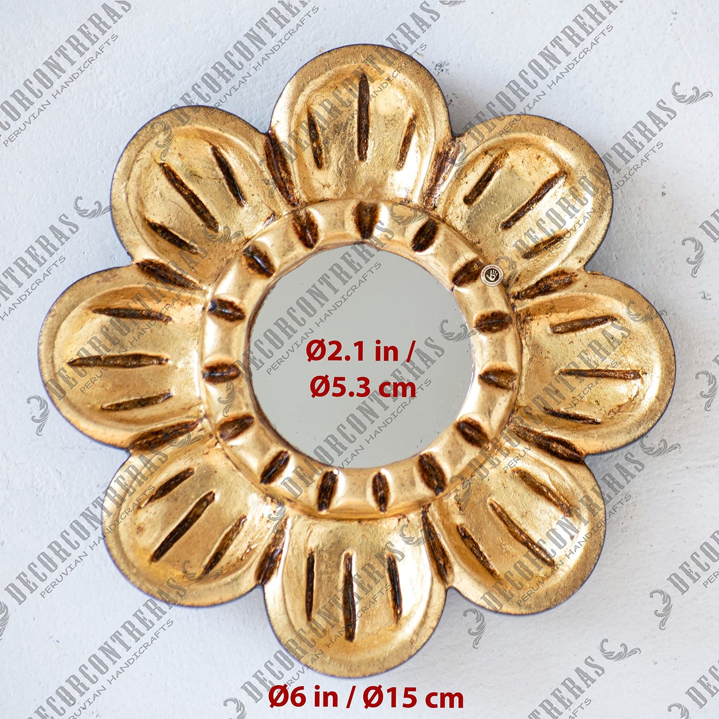 DecorContreras Peruvian Gilded Bronze Leaf Round Mirror 6”- Luxury Hand-Carved Wood Flower Wall Art - Small Space Art