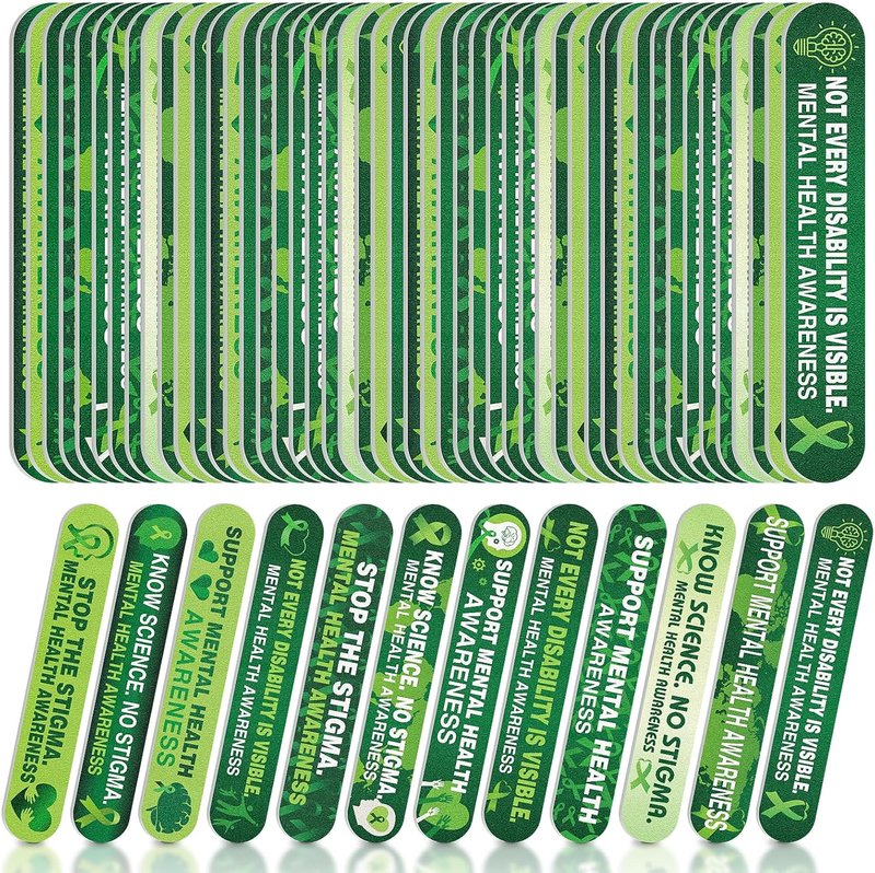 48 Pcs Green Ribbon Emery Boards - Double-Sided Nail Files for Mental Health Awareness | Manicure Tools in 12 Styles