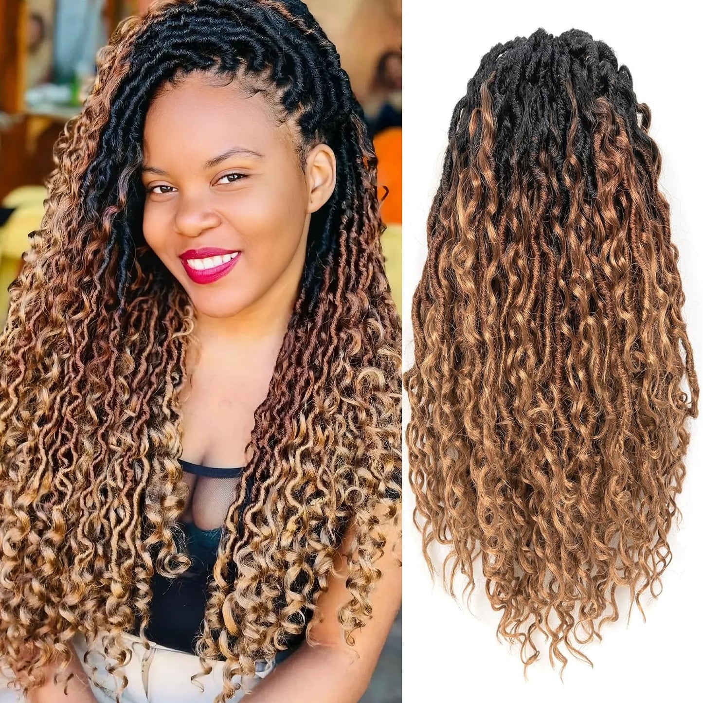 Goddess Locs Crochet Hair 14 Inch 8 Packs Faux Locs Crochet Hair Pre Looped for Women Boho Crochet Locs with Curly Ends (T1B/30/27)