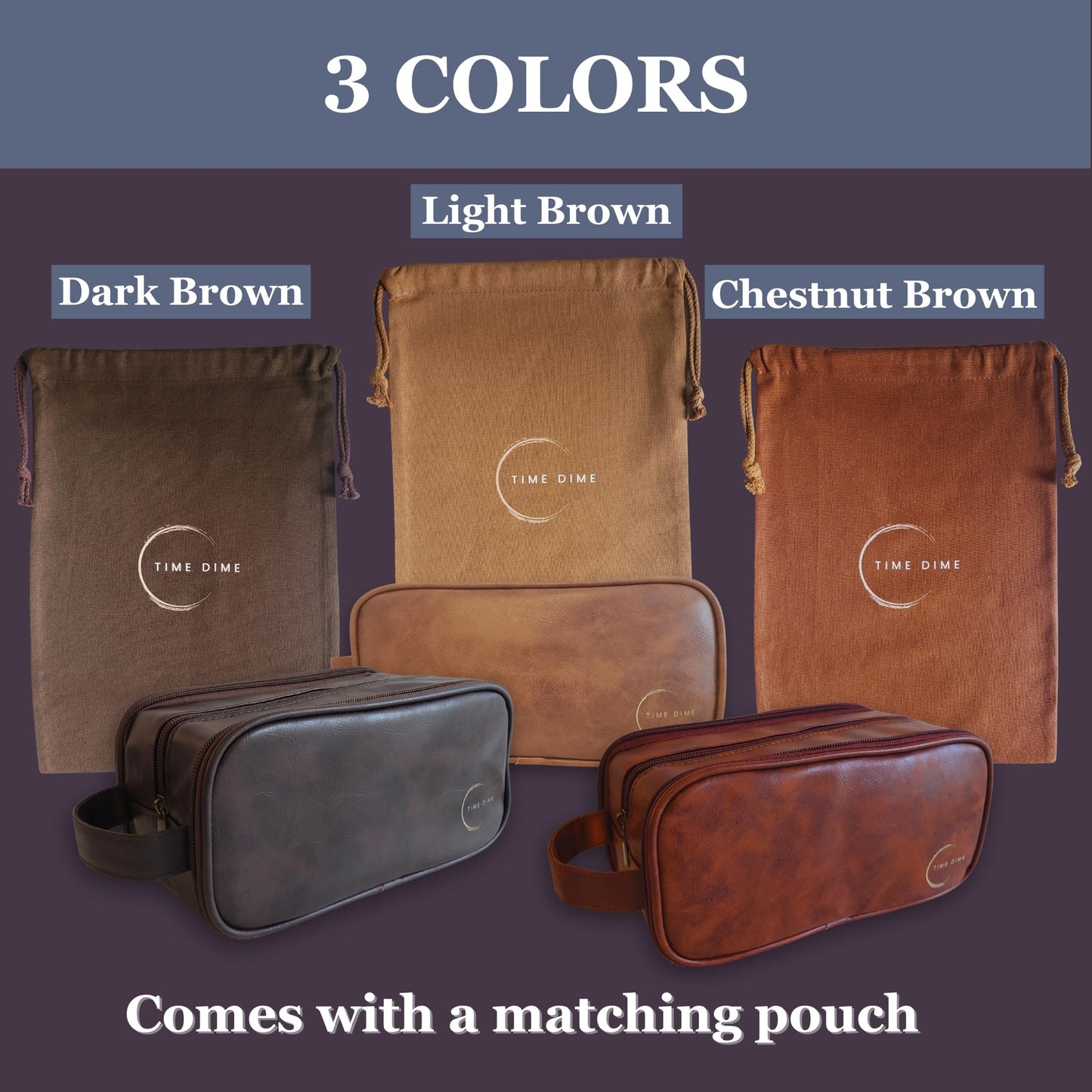 Time Dime Premium Men’s Toiletry Bag with Drawstring Pouch – Durable Water-Resistant Leather-Look Travel Organizer for Shaving, Grooming & Hygiene Essentials (Light Brown)