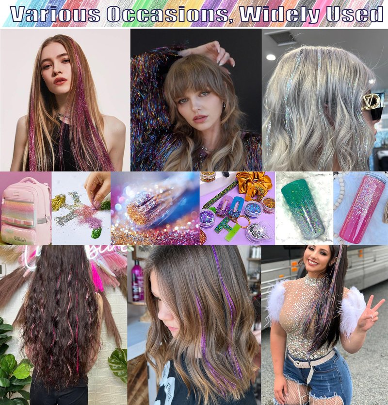 CHENZI 30 Colors 9900 Strands Hair Tinsel Kit, 48 Inch Glitter Tinsel Hair Extensions for July Fourth Christmas New Year Halloween Cosplay, Heat Resistant Fairy Hair Accessories for Girls, Kids, Women
