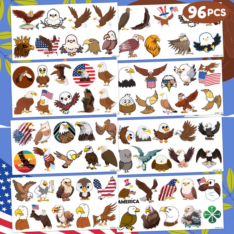 Eagle Temporary Tattoos 8 Sheets 80PCS Bald Eagles Party Decorations Supplies Favors American Flag Bird Theme Birthday Cute Stickers Christmas Gifts for Boys Girls Class School Prizes Carnival