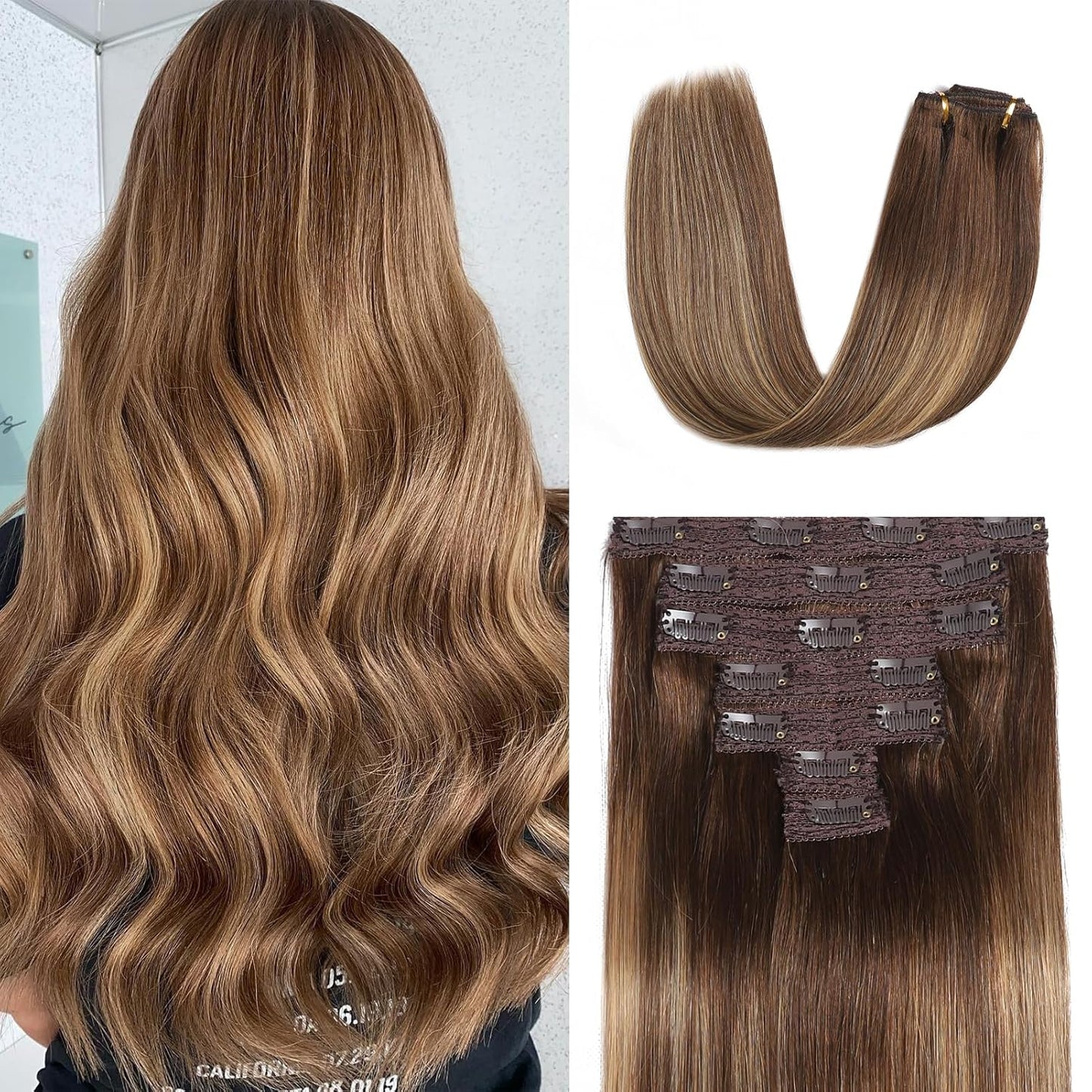 Real Human Hair Clip-In Extensions - Ombre Chocolate Brown to Caramel Blonde | 14 Inch, 7pcs, 70g
