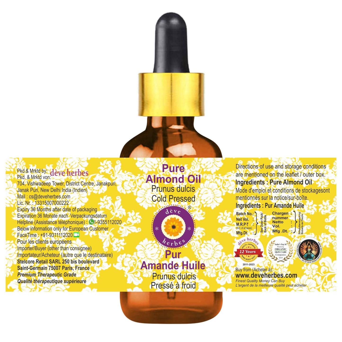 dève herbes Almond Oil (Prunus dulcis) with Glass Dropper | Cold Pressed | Pure | Natural | For Diluting Essential oils | For Skin & Massage | Non-Sticky | Lightweight | Unisex | 100ml (3.38 oz)