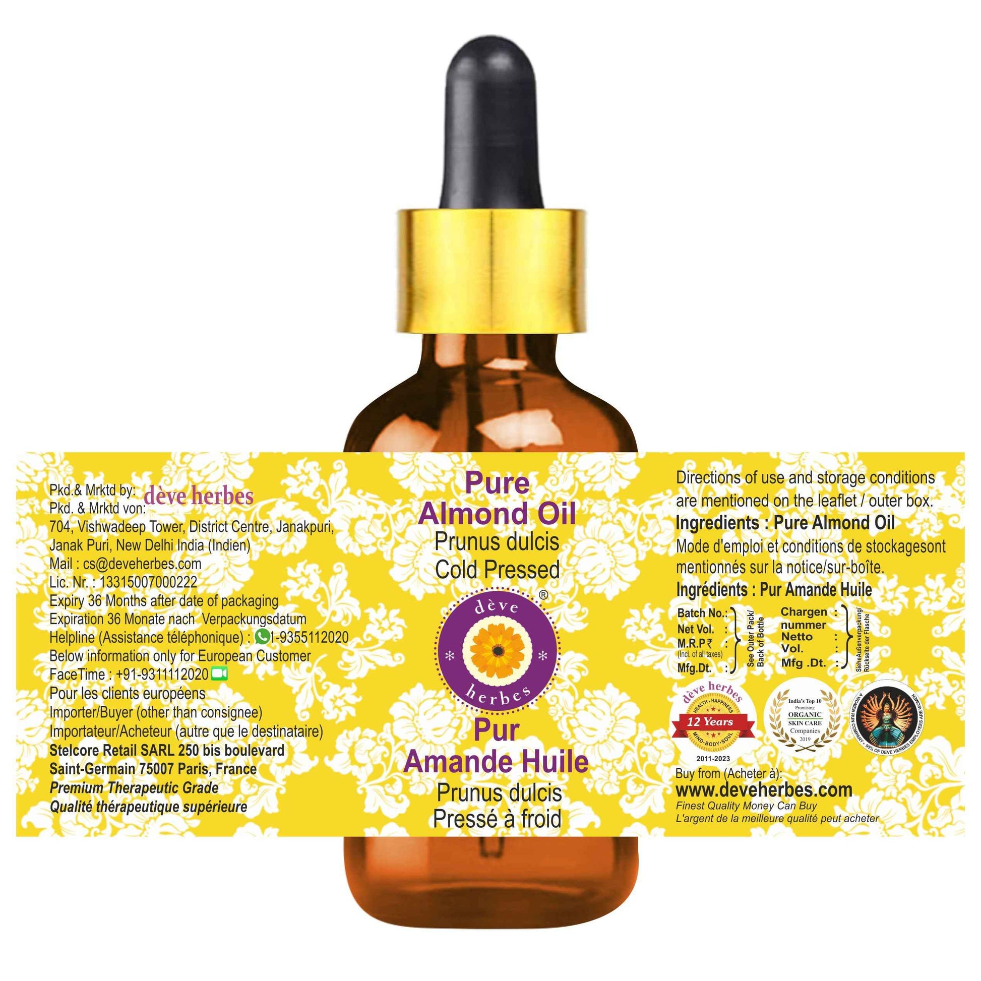 dève herbes Almond Oil (Prunus dulcis) with Glass Dropper | Cold Pressed | Pure | Natural | For Diluting Essential oils | For Skin & Massage | Non-Sticky | Lightweight | Unisex | 100ml (3.38 oz)