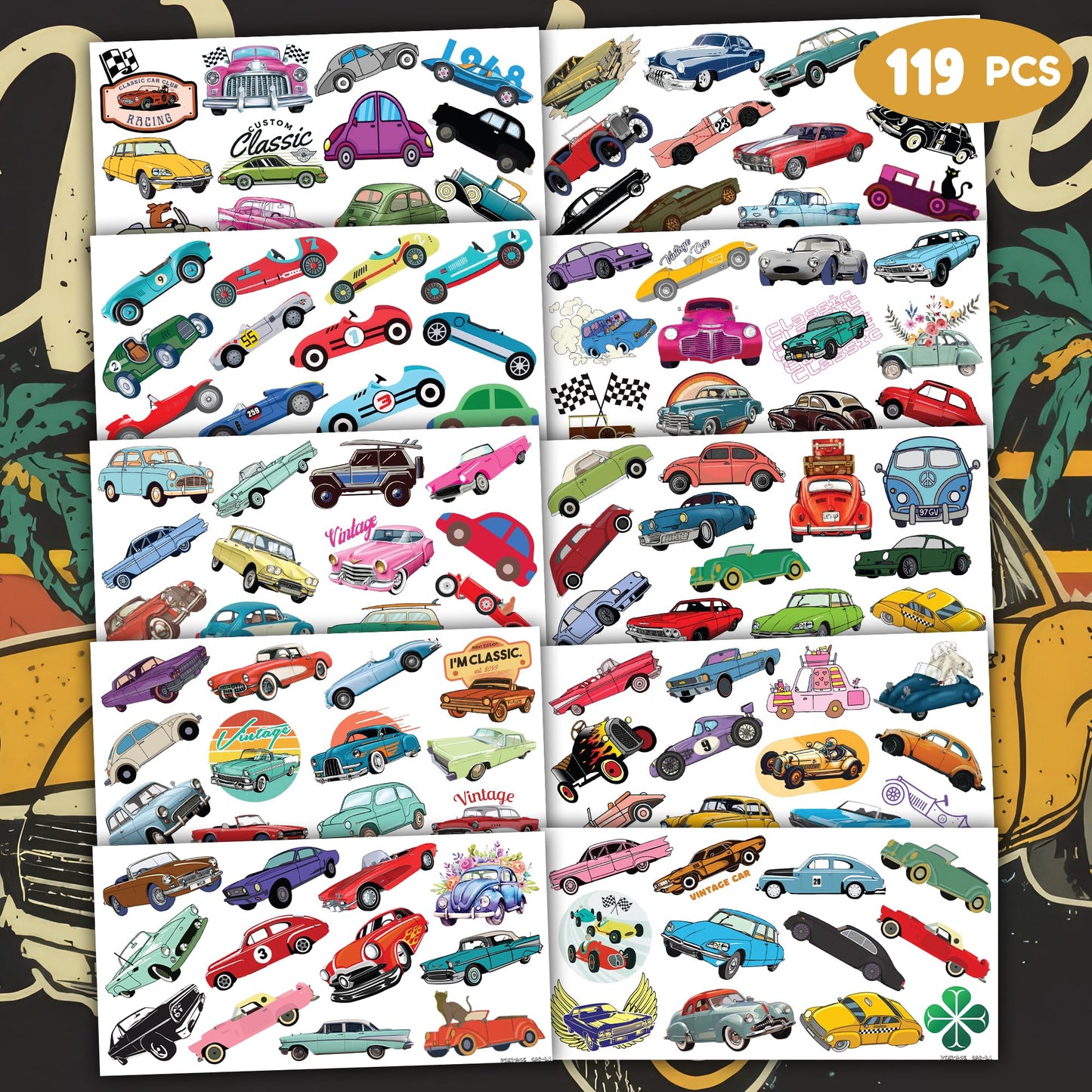 119 PCS Classic Vintage Race Car Temporary Tattoos for Kids