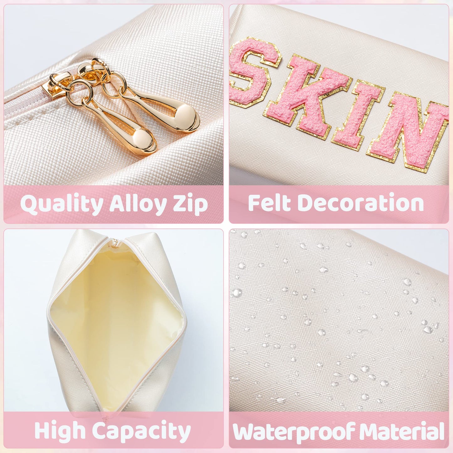 Y1tvei 4Pcs Preppy Patch Varsity Letter Makeup Bag Sewn with White Skin Hair Face Stuff Chenille Letter Cosmetic Toiletry Bag PU Leather Waterproof Portable Zipper Purse Travel Organizer E1